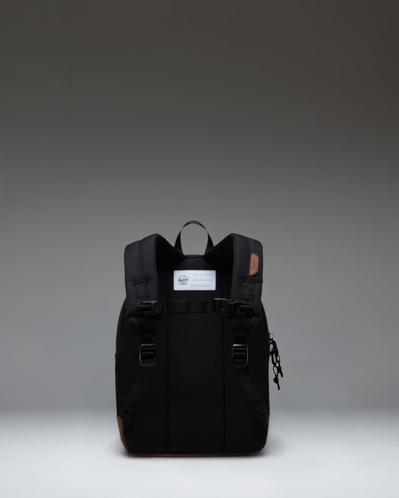 Herschel Heritage Kids Backpack in Black with Saddle Brown rubber diamond accent and detailing.