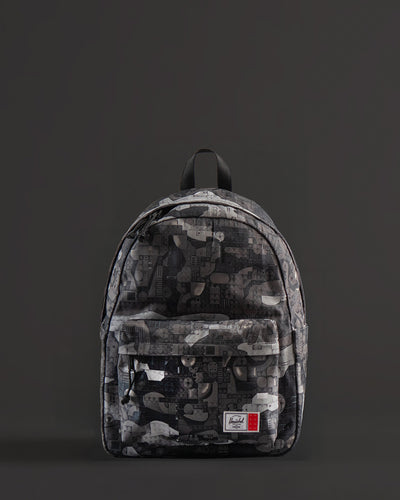 Herschel Supply Co. LEGO Classic Backpack in Abstract Bricks Black featuring a black body with a subtle tonal geometric brick pattern.