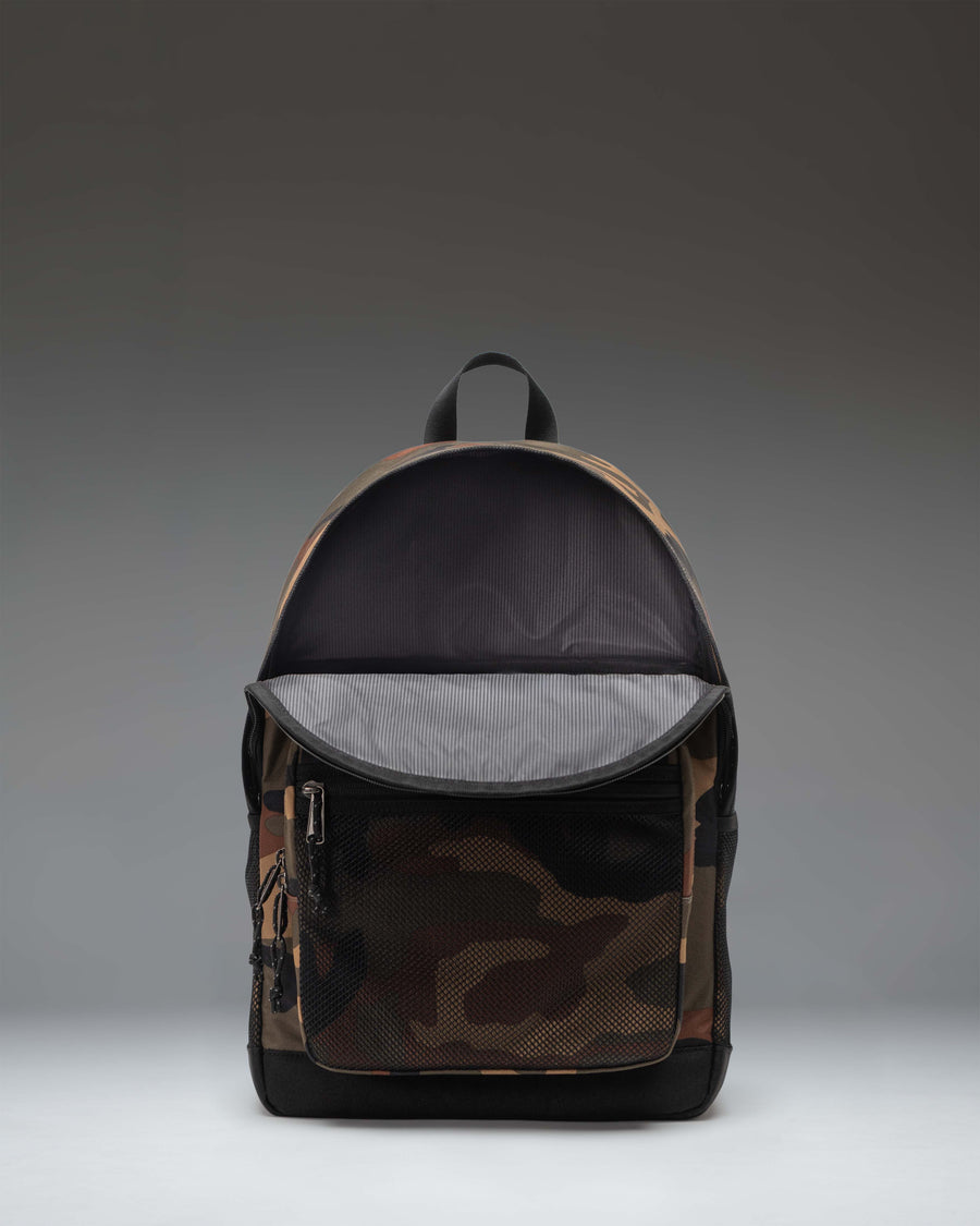 Herschel Supply Co. Kaine Backpack in Woodland Camo/Black, showing the back panel, padded shoulder straps, and top handle.
