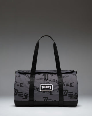 Thrasher Herschel Heritage Skate Duffle Nylon bag in Asphalt Black Destroy, featuring custom prints and skate straps.
