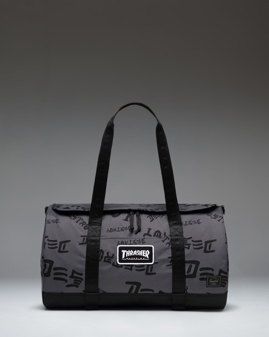 Thrasher Herschel Heritage Skate Duffle Nylon bag in Asphalt Black Destroy, featuring custom prints and skate straps.