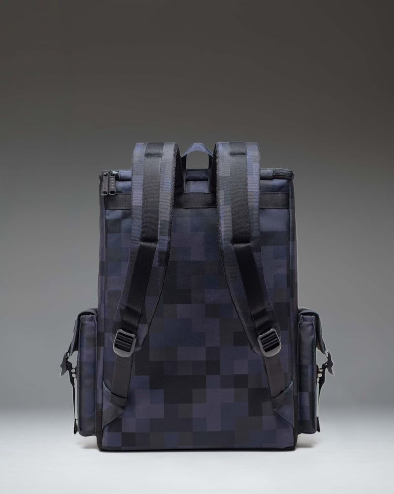 Minecraft Herschel Little America Cube Backpack in Black Block featuring a pixelated block pattern design with dual front straps.