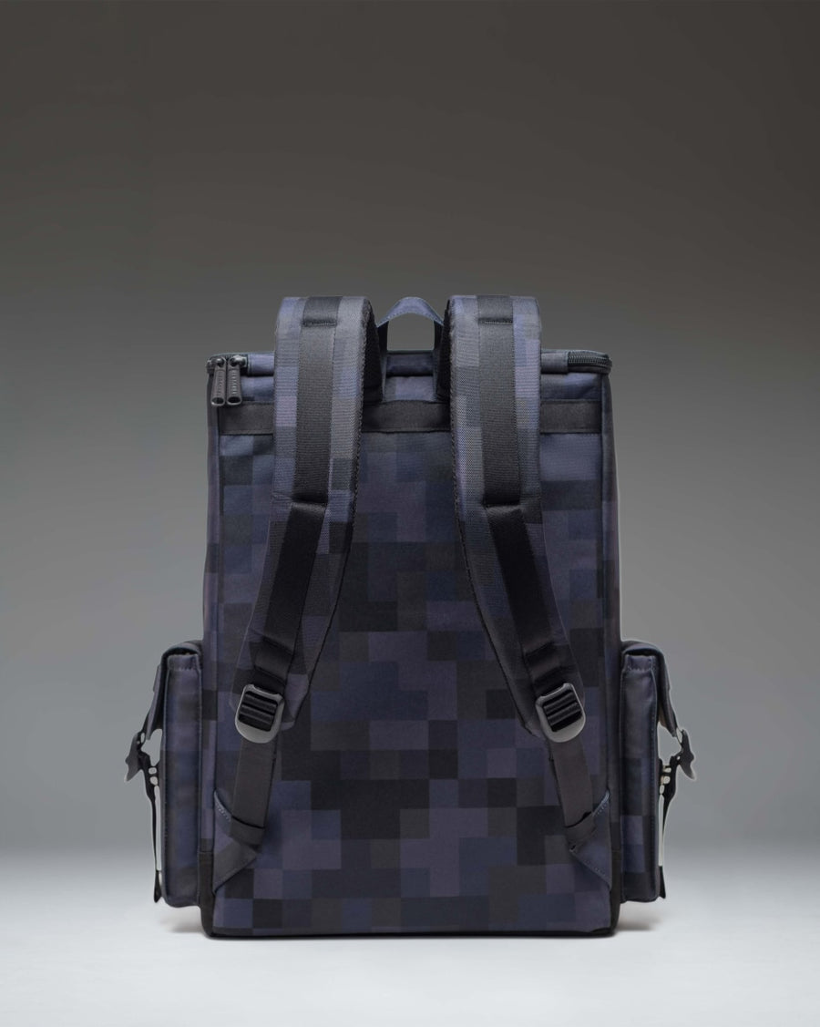 Minecraft Herschel Little America Cube Backpack in Black Block featuring a pixelated block pattern design with dual front straps.