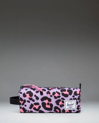 Herschel Supply Co. Settlement Pencil Case Little Herschel in Scribble Leopard Sachet Pink, featuring a playful pink and black leopard print.