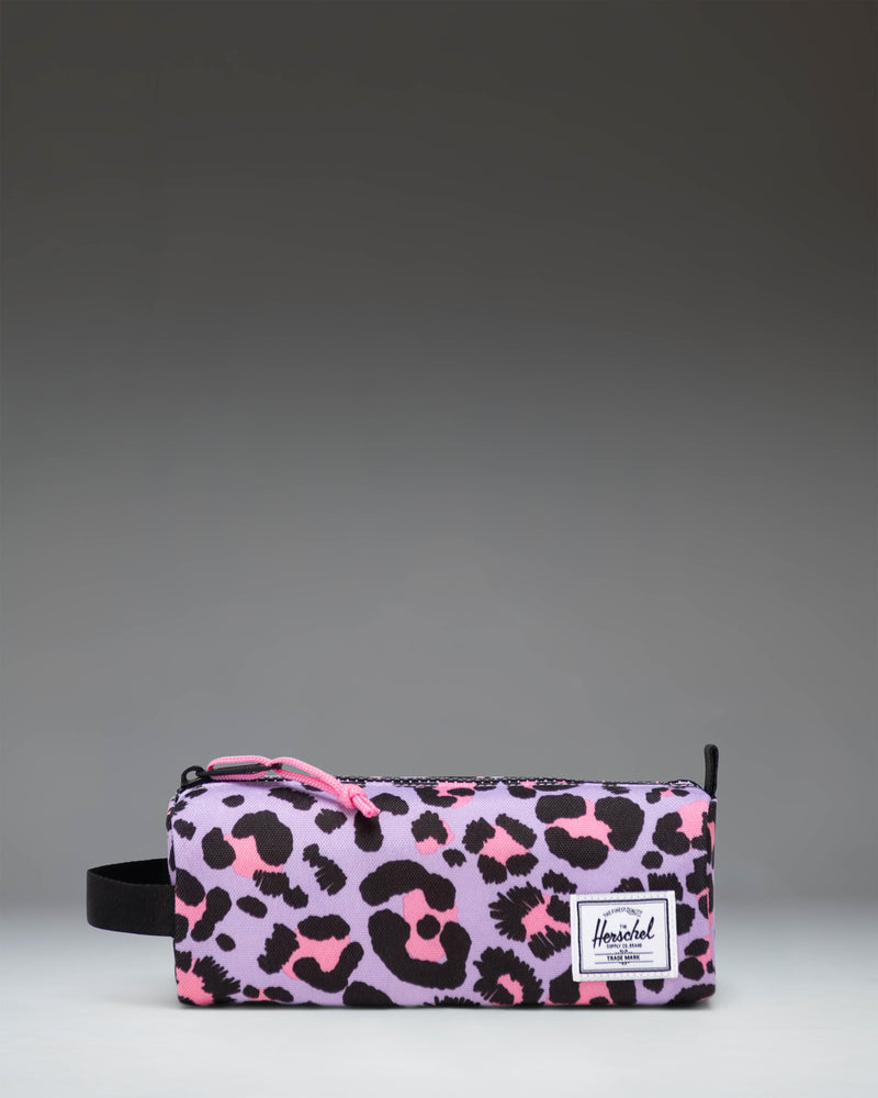 Herschel Supply Co. Settlement Pencil Case Little Herschel in Scribble Leopard Sachet Pink, featuring a playful pink and black leopard print.