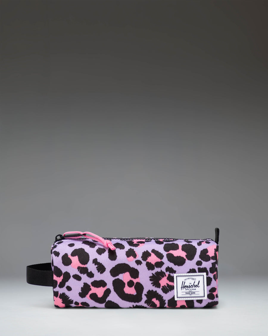 Herschel Supply Co. Settlement Pencil Case Little Herschel in Scribble Leopard Sachet Pink, featuring a playful pink and black leopard print.
