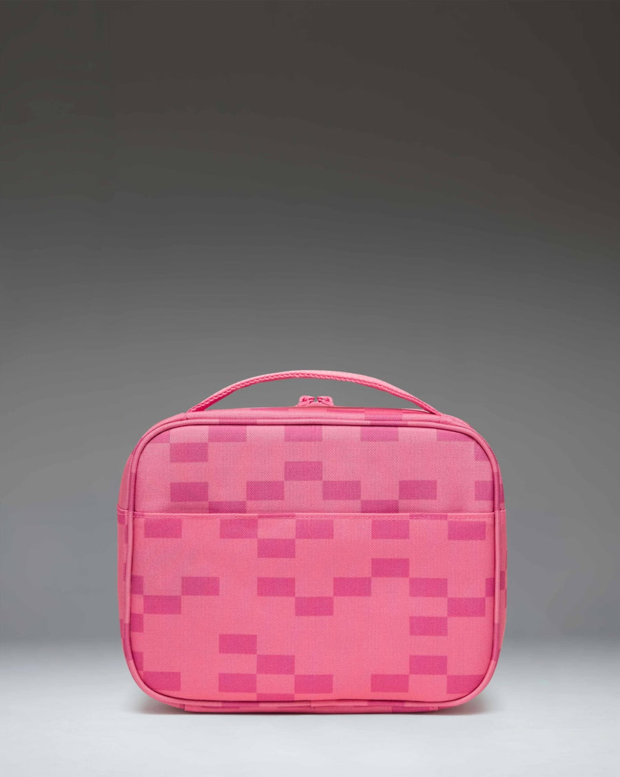 Herschel Supply Co. Minecraft Pop Quiz Lunch Box in Pink Sheep, featuring a pixelated pink sheep face from Minecraft on a pink background.