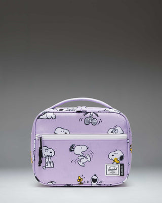 Herschel Supply Co. Peanuts Pop Quiz Lunch Box in Snoopy and Woodstock Pastel Lilac featuring a pattern of Snoopy and Woodstock characters.