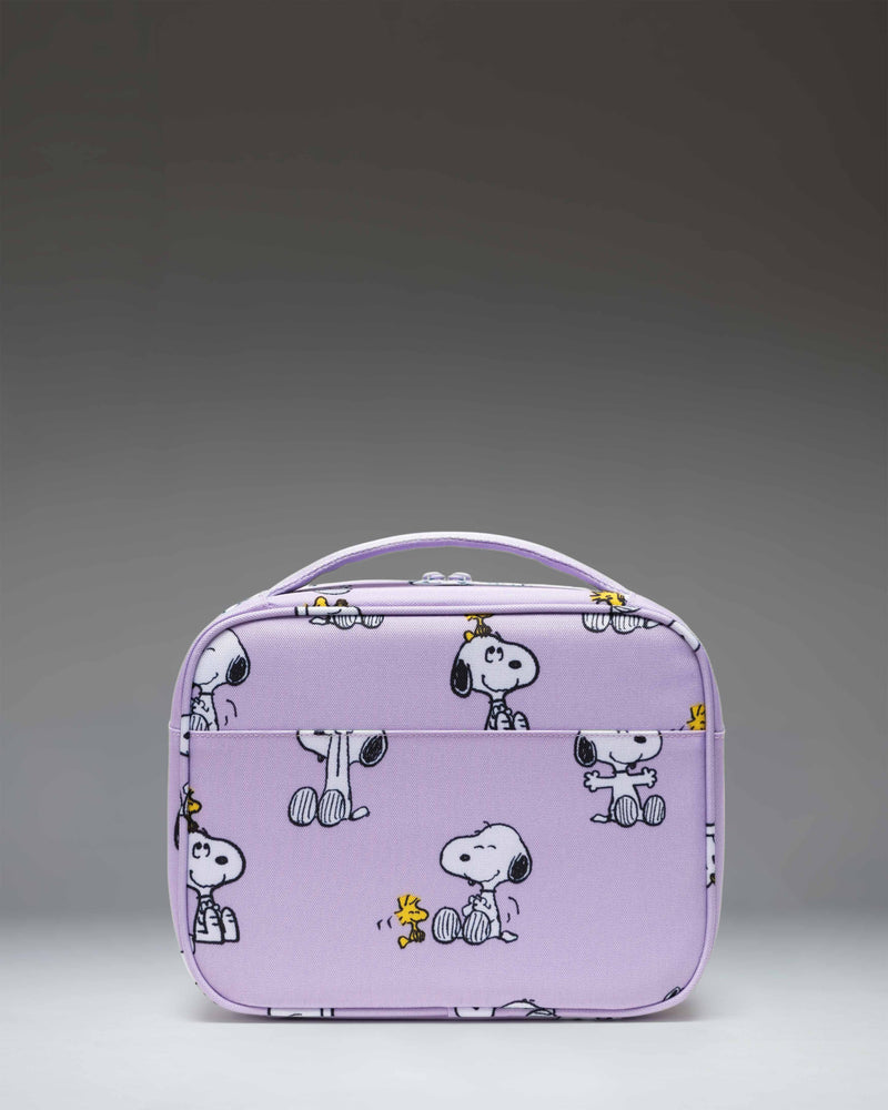 Herschel Supply Co. Peanuts Pop Quiz Lunch Box in Snoopy and Woodstock Pastel Lilac showing the front view with Snoopy graphics.