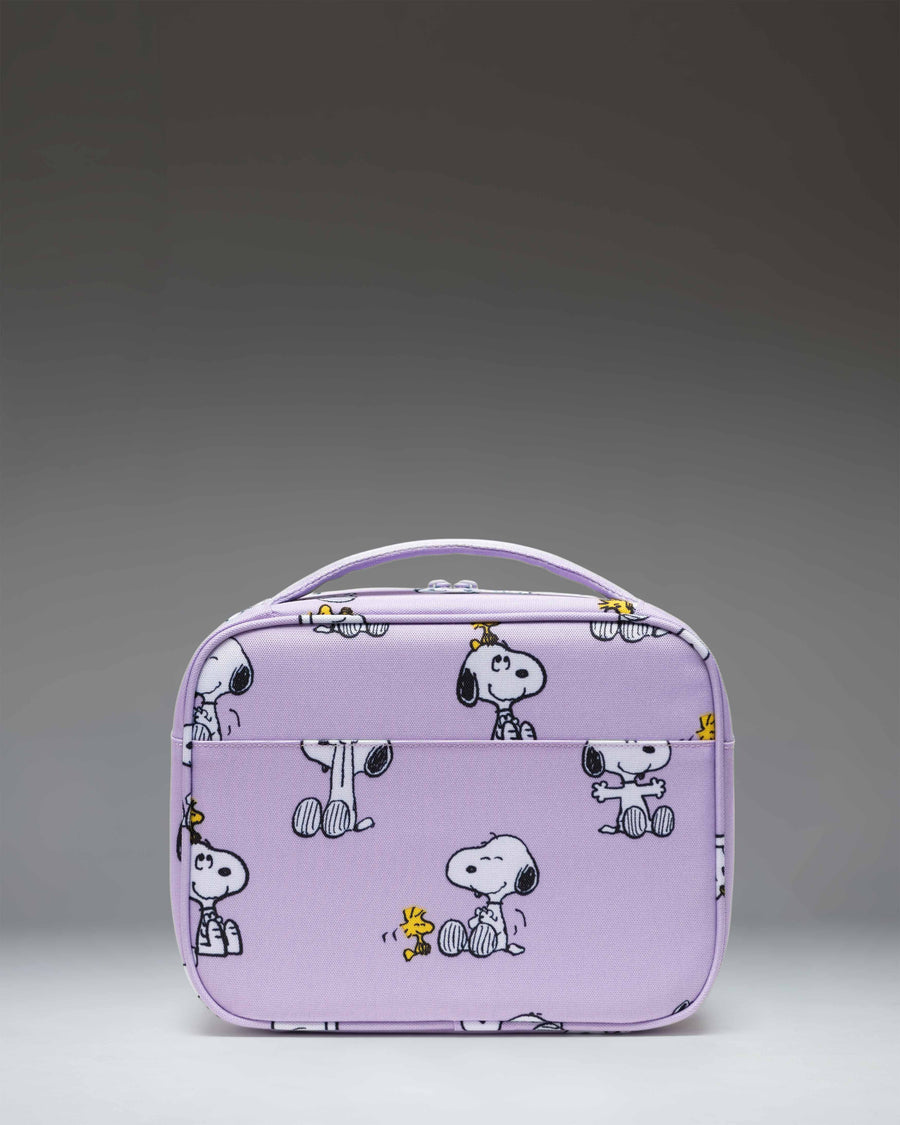 Herschel Supply Co. Peanuts Pop Quiz Lunch Box in Snoopy and Woodstock Pastel Lilac showing the front view with Snoopy graphics.