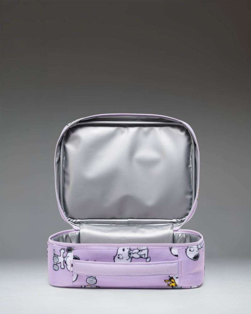 Herschel Supply Co. Peanuts Pop Quiz Lunch Box in Snoopy and Woodstock Pastel Lilac showing a side view.
