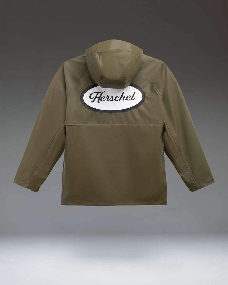 Herschel Supply Co. Station Rain Jacket for men in Ivy Green, featuring a lightweight, water-resistant design with a hood and snap button closure.