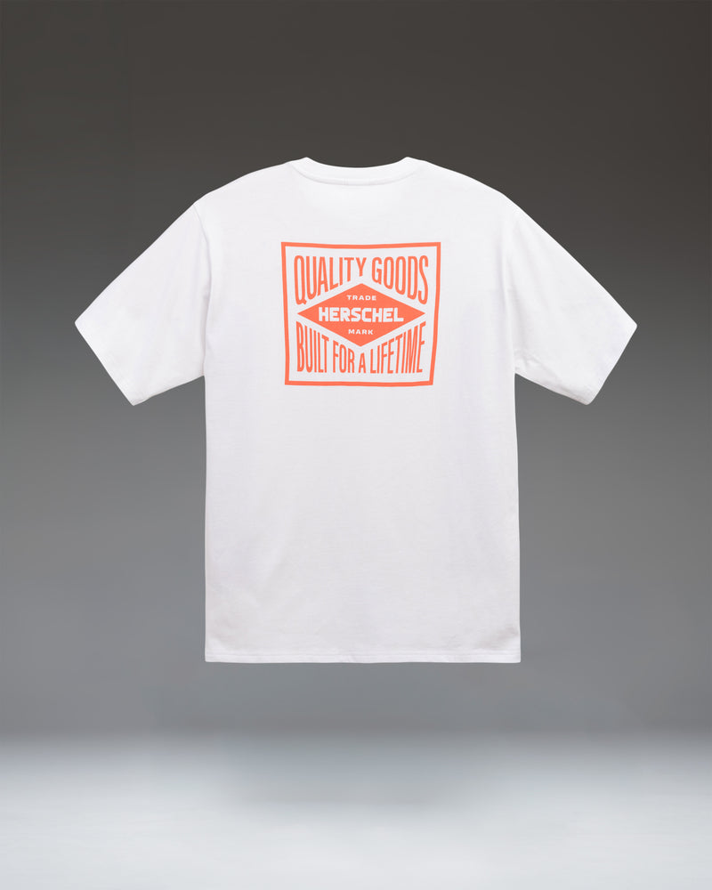 Size guide chart for the Herschel Supply Co. Men's Stamp Tee in White, showing measurement details for all available sizes.