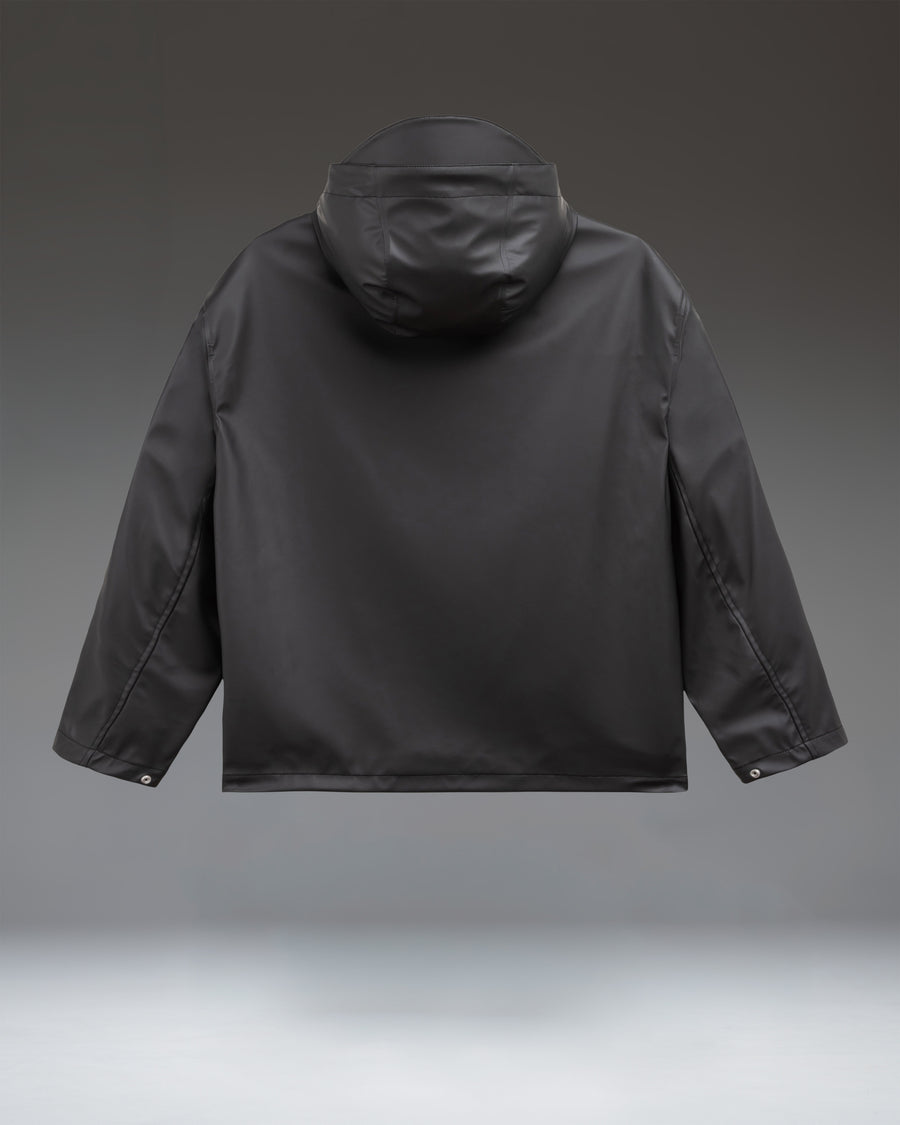 Herschel Supply Co. McLeod Rain Jacket for men in black, showcasing a minimalist waterproof design with a hood and full-zip front.