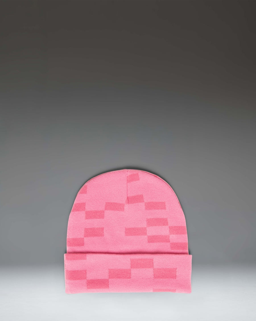 Herschel Supply Co. Minecraft Elmer Beanie in Pink Sheep, featuring a pixelated Minecraft sheep design on a light pink knit fabric with a cuffed brim.