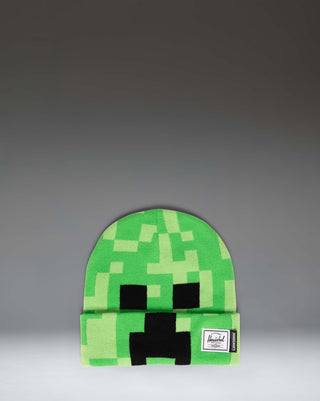 Herschel Supply Co. Minecraft Elmer Kids Beanie in Creeper green, featuring a pixelated Minecraft design with a folded cuff and classic woven label.