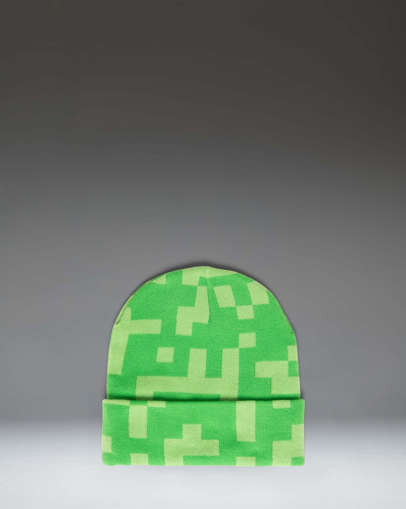Herschel Supply Co. Minecraft Elmer Kids Beanie in Creeper green and black pattern, showing the front view.