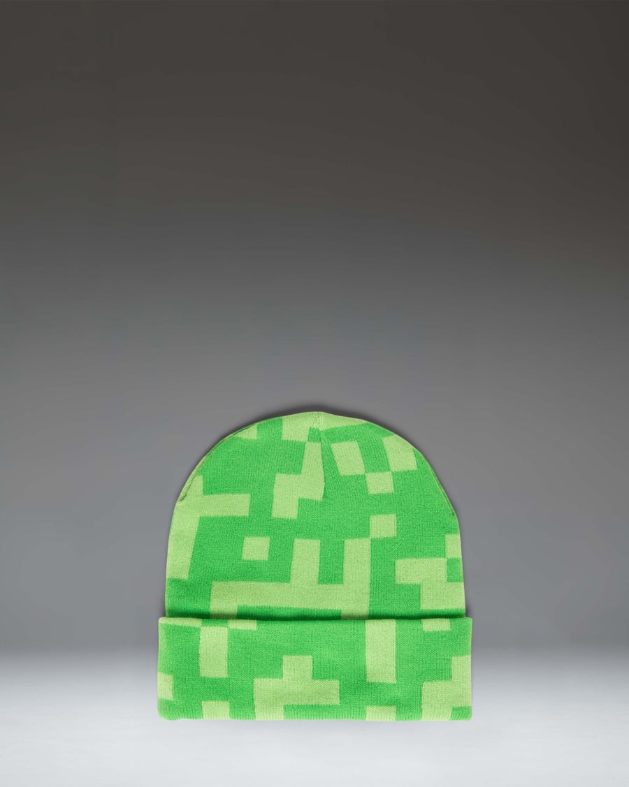 Herschel Supply Co. Minecraft Elmer Kids Beanie in Creeper green and black pattern, showing the front view.