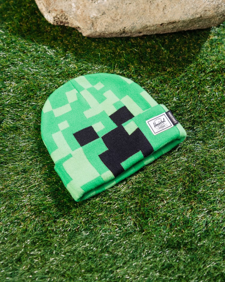 Herschel Supply Co. Minecraft Elmer Kids Beanie in Creeper green, featuring a pixelated Minecraft design.