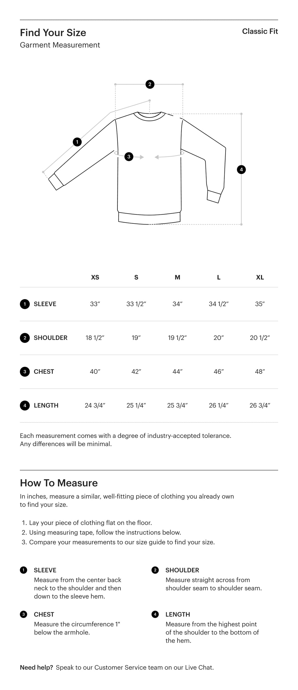 Herschel Supply Co. Women's Crewnecks size guide chart showing bust measurements in inches: XS 31-33, S 33-35, M 35-37, L 37-39, XL 39-41.